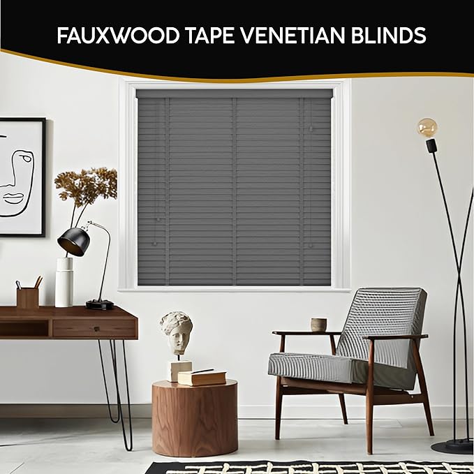 FERRY HOMEWARE Charcoal Faux Wood Blinds Tape Wooden Grain window Venetian Blind 50mm Horizontal Slats with White Silver/Grey Tape TRIMMABLE, Child Safe (Dark Grey Embossed Pattern