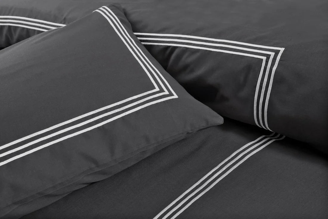 100% Microfiber Beretta 3 Stitch Duvet Cover Set- Charcoal/White