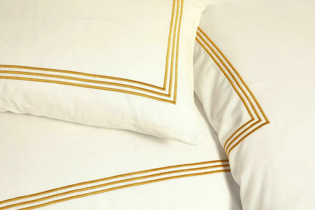 100% Polycotton Beretta Stitch Duvet Cover- Cream/Gold