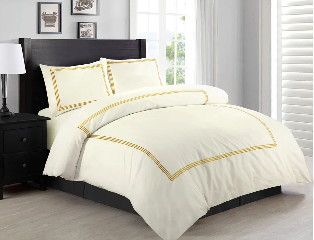 100% Microfiber Beretta Stitch Duvet Cover Set- Cream/Gold