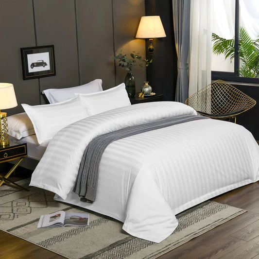 100% Egyptian Cotton Satin Stripe Duvet Cover Set With Pillowcases - White