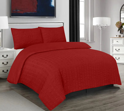 Seersucker Duvet Cover with 2 Pillow Cases-Red