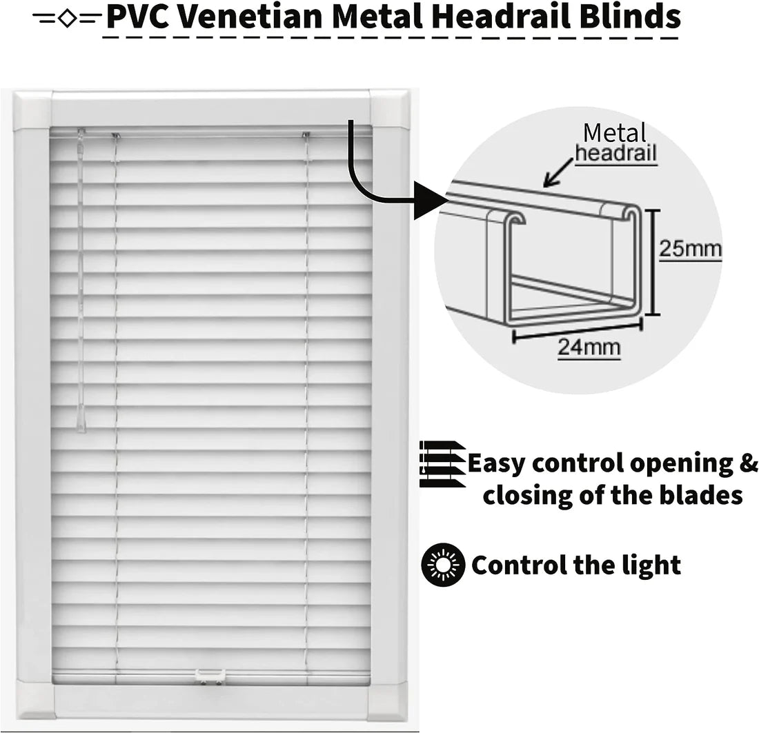 White PVC Venetian Blinds Metal Headrail 25mm Slats