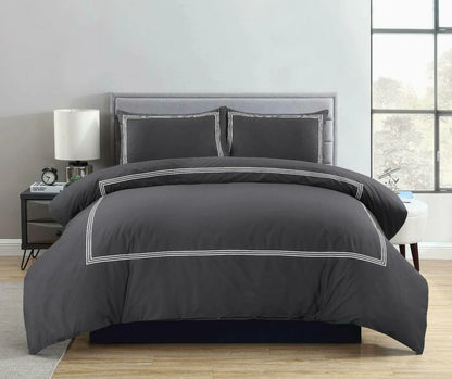 100% Microfiber Beretta 3 Stitch Duvet Cover Set- Charcoal/White