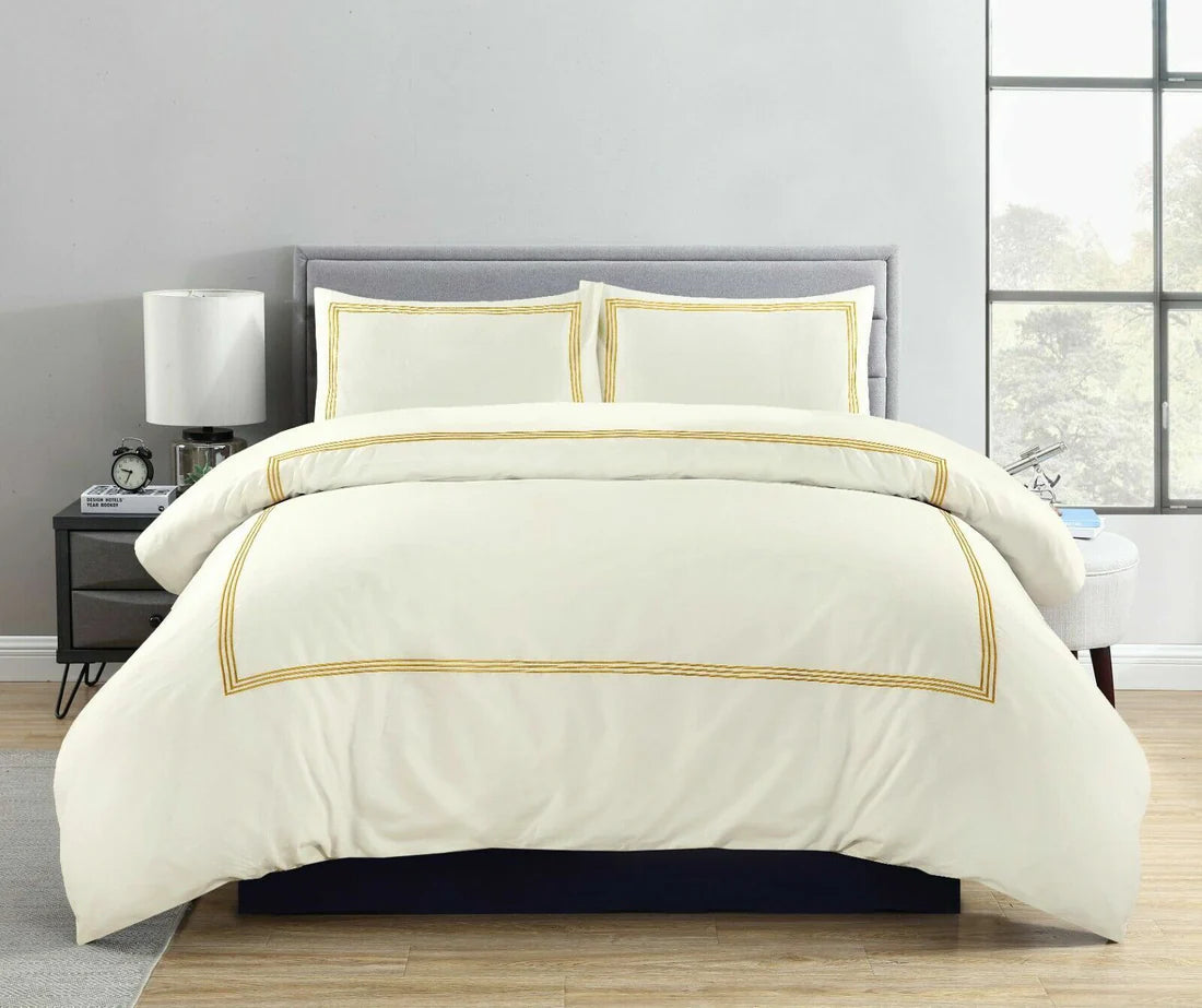 100% Microfiber Beretta Stitch Duvet Cover Set- Cream/Gold