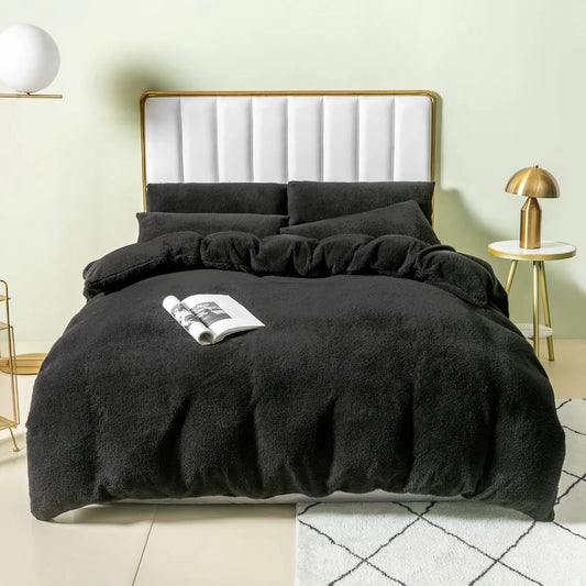 Teddy Fleece Bedding Duvet Covers Set - Black