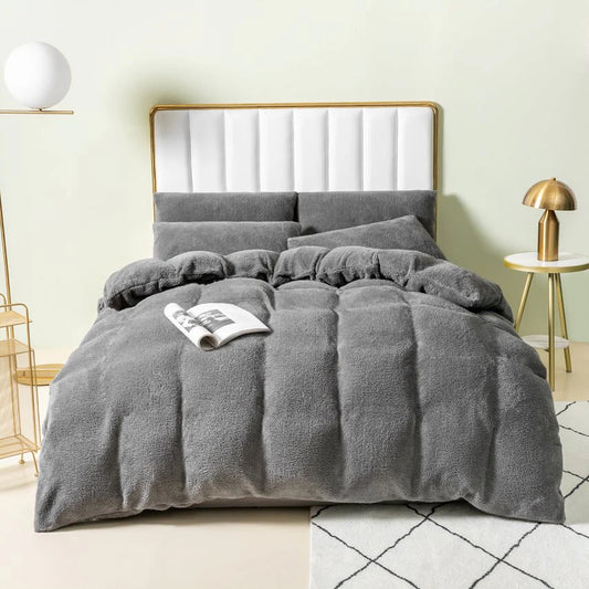 Teddy Fleece Bedding Duvet Covers Set - Grey