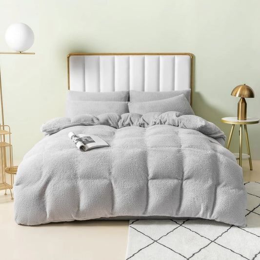 Teddy Fleece Bedding Duvet Covers Set - Silver