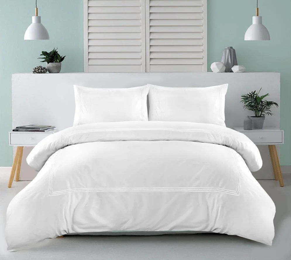 100% Polycotton Beretta Stitch Duvet Cover- White/White